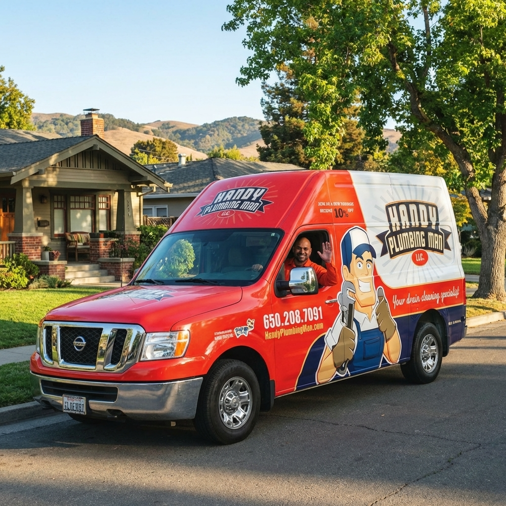 Handy Plumbing man technician in a company van